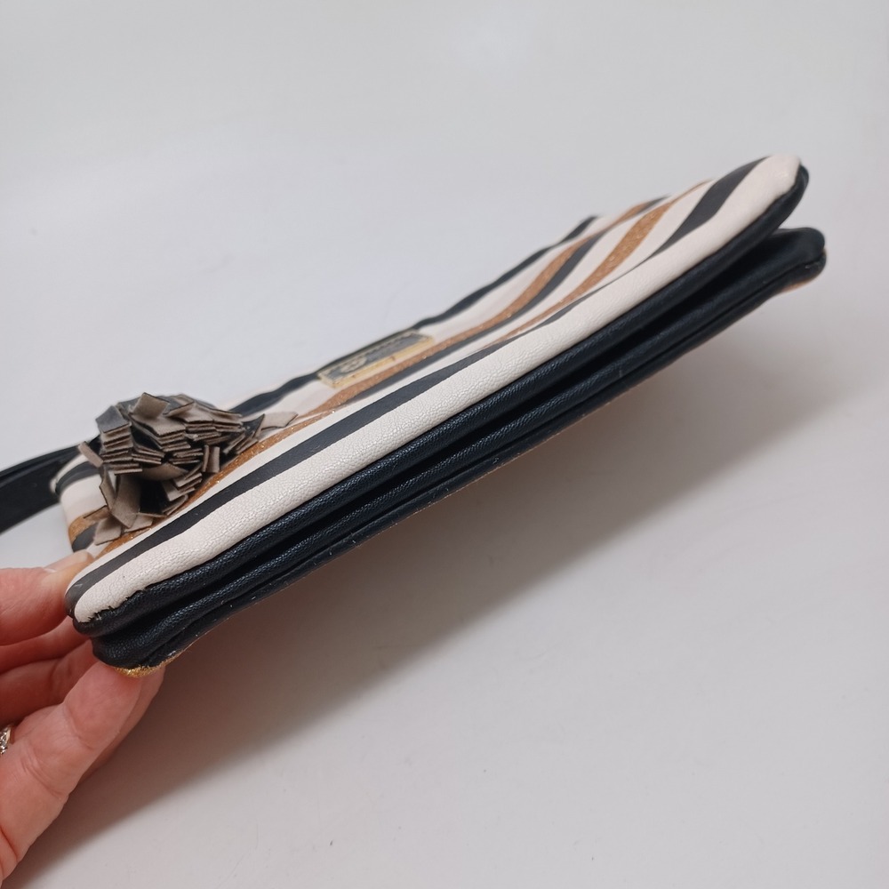 Luv Betsey by Betsey Johnson Striped Glitter Wristlet Pouch Black Gold Cream - Picture 9 of 13